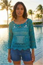 Teal Crochet Knit Flared Sleeve Top, Image 2 of 4