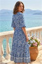 Blue Petite Print Tassel Tie Waist Midi Dress, Image 3 of 4