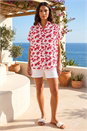 Red Floral Pleat Front Relaxed Overshirt, Image 2 of 4