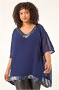 Midnight Blue Curve Sequin Trim V-Neck Kaftan, Image 1 of 5
