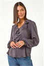 Grey Satin Ruffle Front V-Neck Top, Image 4 of 5