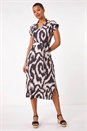 Beige Abstract Print Belted Stretch Midi Dress, Image 2 of 5