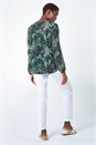 Green Animal Print Button Up Front V-Neck Blouse, Image 3 of 5