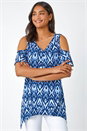 Blue Tie Dye Jersey  V-Neck Cold Shoulder Top, Image 1 of 5