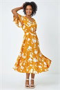 Yellow Petite Floral Print Shirred Midi Dress, Image 2 of 5