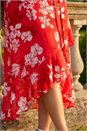 Red Floral Print Frill Wrap Midi Dress, Image 4 of 4