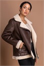 Brown Faux Fur Lined Zip Detail Aviator Jacket, Image 1 of 5