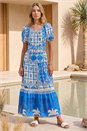 Royal Blue Abstract Border Belted Midi Dress, Image 2 of 4
