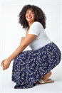 Navy Curve Floral Stretch Elastic Waist Maxi Skirt, Image 1 of 5
