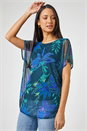 Navy Tropical Print Mesh Overlay Tunic Top, Image 1 of 4