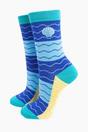 Blue Embroidered Scallop Shell Combed Cotton Socks, Image 1 of 4