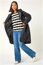 Black Iridescent Diamond Quilted Hooded Coat, Image 1 of 7
