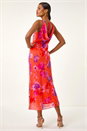 Orange Floral Cowl Neck Midi Dress, Image 1 of 5