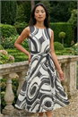 White Petite Print Tie Waist Pleated Dress, Image 1 of 4