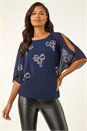 Navy  Bow Embellished Cold Shoulder Top, Image 2 of 6