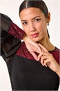 Red Sequin Yoke Mesh Sleeve Top, Image 4 of 6