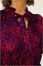 Red Animal Print Tie Neck Pleated Top, Image 5 of 5