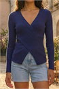 Navy  Wrap Front Ribbed Knit Top, Image 4 of 4
