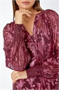 Wine Abstract Metallic Print V-Neck Blouse, Image 5 of 5
