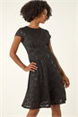 Black Sequin Fluted Hem Lace Stretch Dress, Image 2 of 6