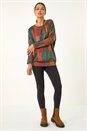 Red Patchwork Print Drop Shoulder Stretch Top, Image 1 of 5