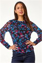 Red Mesh Printed Stretch Top, Image 4 of 5