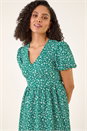 Green Ditsy Print V-Neck Midi Dress , Image 4 of 5
