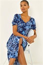 Blue Floral Print Ruched Stretch Midi Dress, Image 1 of 5