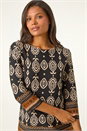 Brown Ikat Border Hem Stretch Top, Image 4 of 5