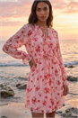 Light Pink Rose Print Ruffle V-Neck Smock Dress, Image 3 of 4
