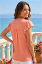 Coral Petite Stitch Detail V-Neck Top, Image 2 of 4