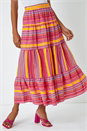 Fushcia Tiered Striped Elastic Waist Maxi Skirt, Image 1 of 7