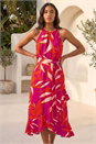 Cerise Floral Print Frill Wrap Midi Dress, Image 3 of 4