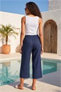 Navy  Petite Linen Blend Wide Cropped Trousers, Image 3 of 4