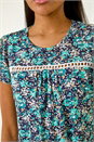 Navy  Floral Print Ladder Trim Stretch Top, Image 5 of 5