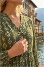 Khaki Aztec Print Button Stretch Swing Dress, Image 4 of 4