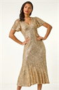 Gold Sequin Frill Hem Midi Dress, Image 1 of 5