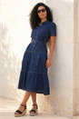 Blue Denim Tiered Cotton Midi Dress, Image 2 of 4