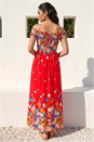 Red Floral Print Bardot Shirred Midi Dress, Image 3 of 4