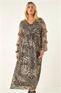 Beige Curve Animal Print Frill Midi Dress, Image 5 of 7
