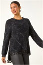 Black Fluffy Knit Fringe Hem Jumper, Image 1 of 5