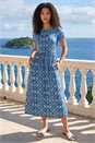 Blue Petite Abstract Gathered Waist Dress, Image 3 of 4