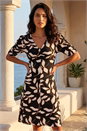 Black Ditsy Leaf Ruched Puff Sleeve Dress, Image 2 of 4