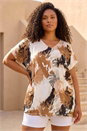 Brown Curve Printed V-Neck Woven Top, Image 3 of 4