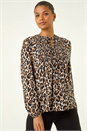 Tan Animal Print Shirred Tie Neck Top, Image 1 of 5