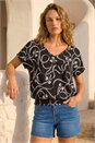 Black Bow Print V-Neck Stretch Top , Image 1 of 4