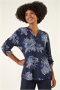 Blue Floral Puff Print Stretch Shirt, Image 4 of 5