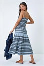 Light Blue  Aztec Cotton Tiered Midi Dress, Image 3 of 5