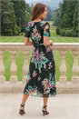 Black Floral Print Pleat Neck Midi Dress , Image 3 of 4