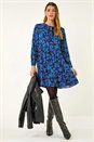Blue Floral Print Tie Front Smock Dress, Image 1 of 5